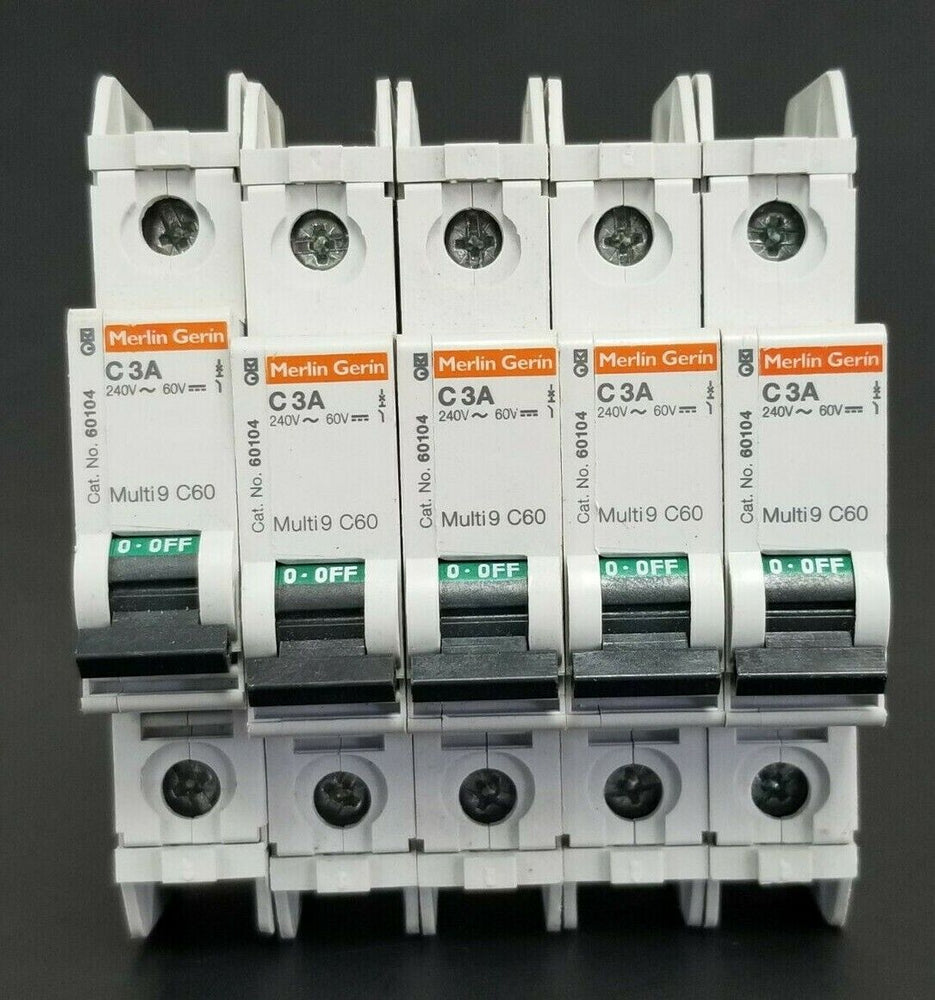 LOT OF 5 MERLIN GERIN CAT. NO. 60104 MULTI9 C60 CIRCUIT BREAKERS C3A 240V/60V