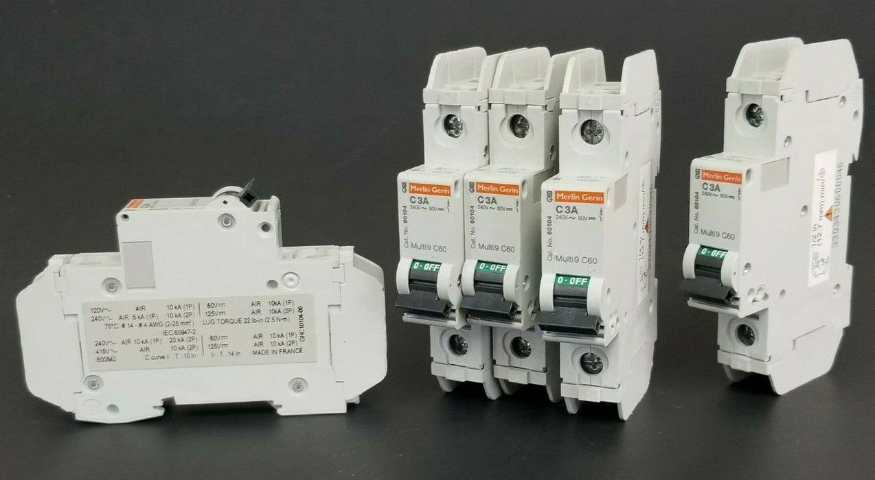 LOT OF 5 MERLIN GERIN CAT. NO. 60104 MULTI9 C60 CIRCUIT BREAKERS C3A 240V/60V