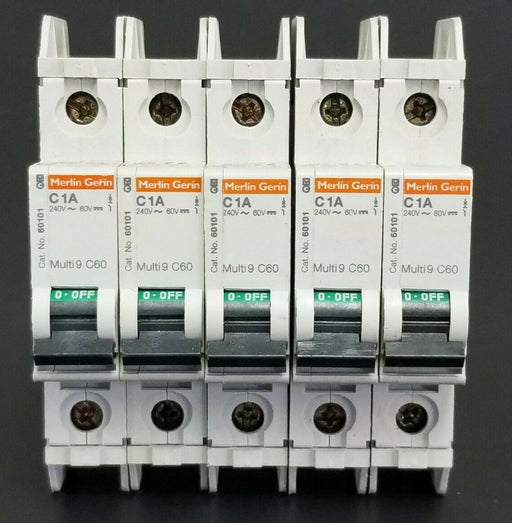LOT OF 5 MERLIN GERIN CAT. NO. 60101 MULTI9 C60 CIRCUIT BREAKERS C1A 240V-60V