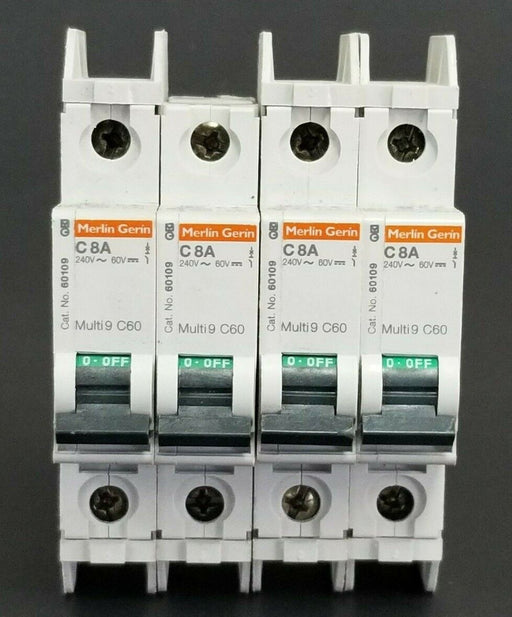 LOT OF 4 MERLIN GERIN CAT. NO. 60109 MULTI9 C60 CIRCUIT BREAKERS C8A 240V/60V