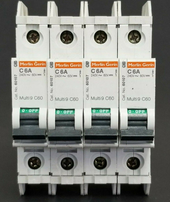 LOT OF 4 MERLIN GERIN CAT. NO. 60107 MULTI9 C60 CIRCUIT BREAKERS C6A 240V/60V