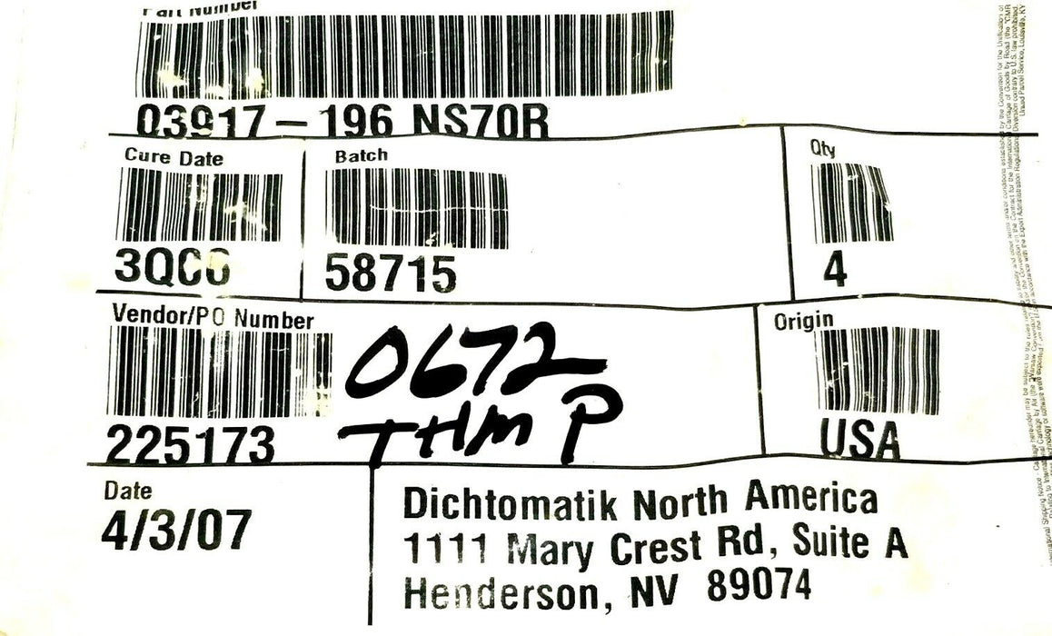 LOT OF 5 NEW GENERIC 03917-196 NS70R O-RINGS 4'' IN. ID. 4-3/8'' IN. OD. 225173