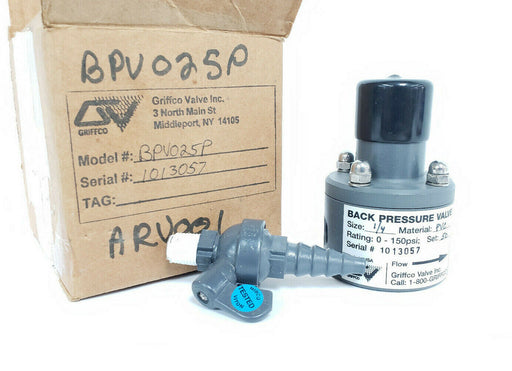 NEW GRIFFCO BPV025P BACK PRESSURE VALVE, 1/4" 0.25 IN., PVC, 0-150PSI, SET: 50