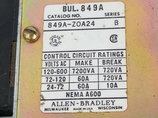 ALLEN BRADLEY 849A-ZOA24 PNEUMATIC TIMER SER. B W/ 79A83 COIL