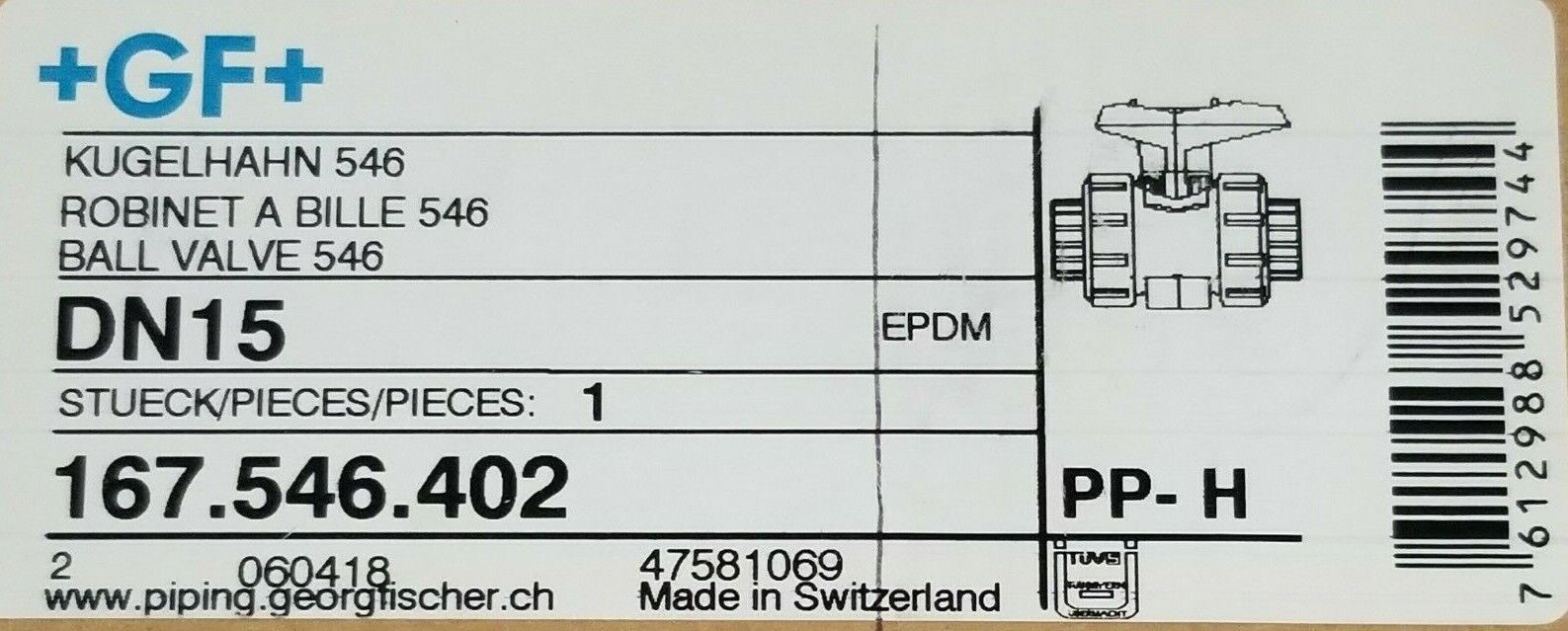NIB GF FISCHER SIGNET 167.546.402 FUSION BALL VALVE DN15 PP-H D20DN15