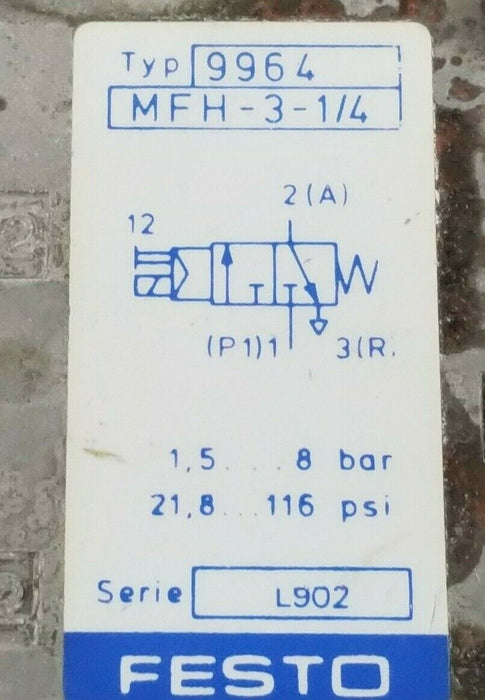 FESTO ELECTRIC MFH-3-1/4 SOLENOID VALVE 1.5-8BAR 21-120PSI TYPE: 9964 MFH314