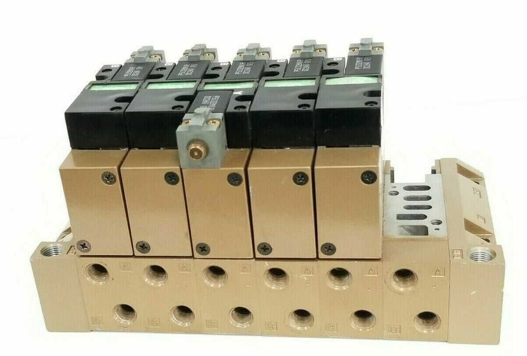 CKD 022001 MANIFOLD BLOCK W/ (5) 4L219 & (1) 4L229 SOLENOID VALVES, P5132M0R