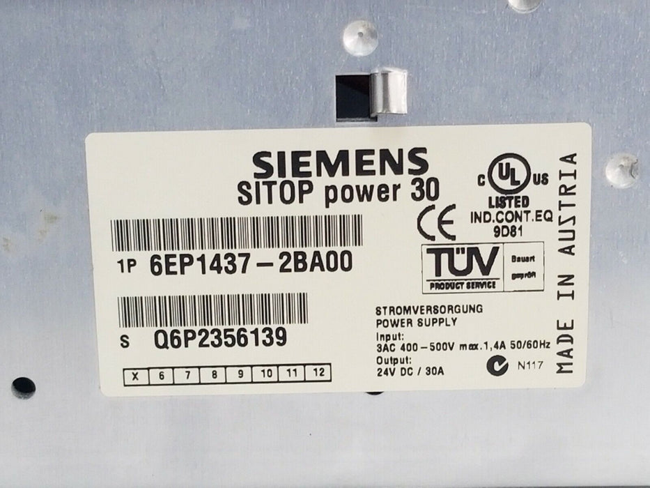 SIEMENS 6EP1 437-2BA00 SITOP POWER SUPPLY 30 E-STAND VER. 5 30A 24VDC