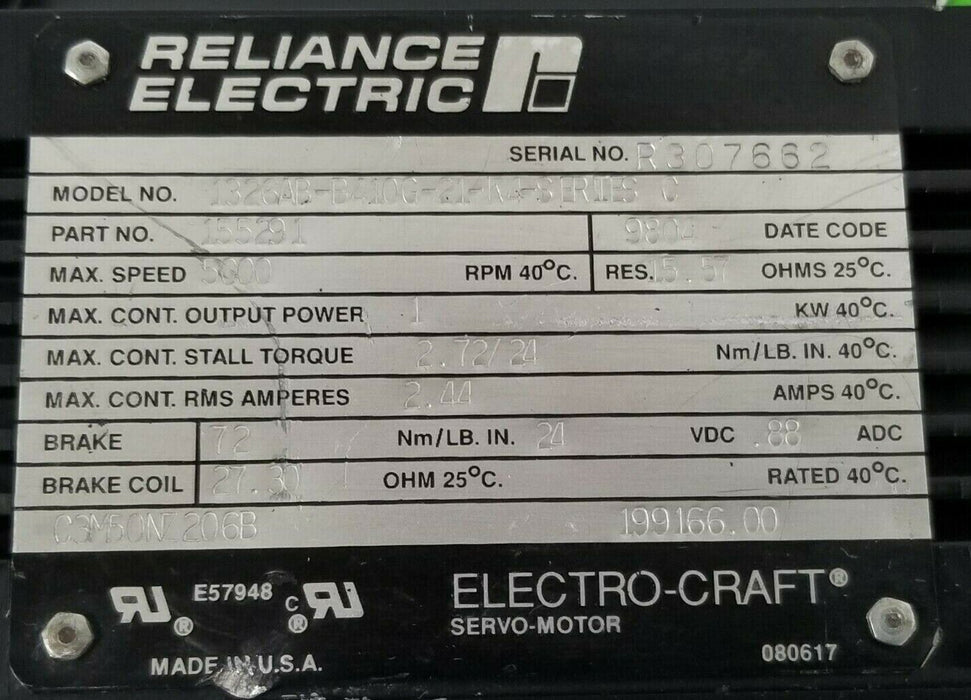 RELIANCE / ELECTRO-CRAFT 1326AB-B410G-21-K4 SERVO MOTOR SER. C 155291 (REPAIRED)