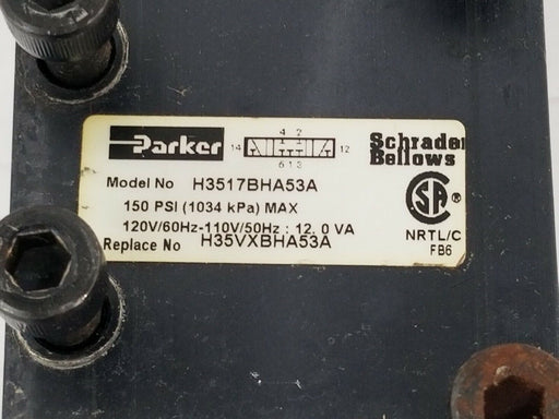 PARKER H3517BHA53A VALVE 150 PSI REPLACES H35VXBHA53A, 12.0 VA, K593-302 COILS