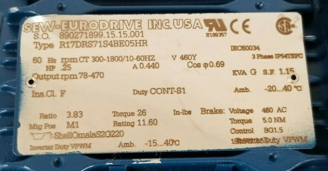 NEW SEW EURODRIVE R17DRS71S4BE05HR GEARMOTOR ASSEMBLY .25HP