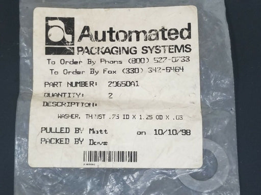 NEW AUTOMATED PACKAGING 20650A1 WASHER, THRUST, .75 ID X 1.25 OD X .05 (QTY:2)