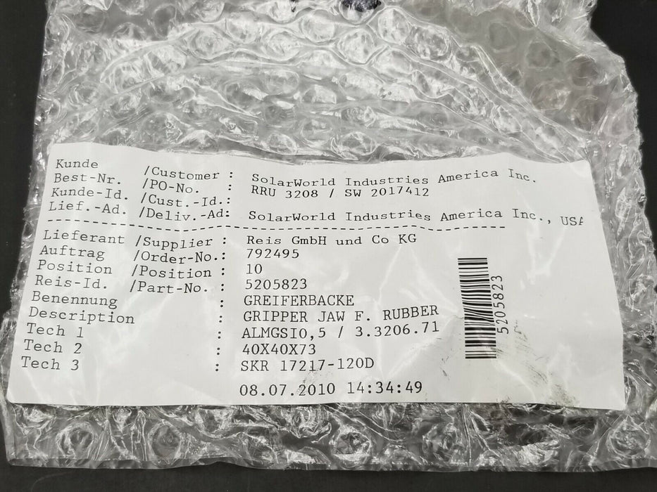 LOT OF 6 NEW REIS GmbH 5205823 GRIPPER JAWS F. RUBBER 40X40X73 SKR 17217-120D