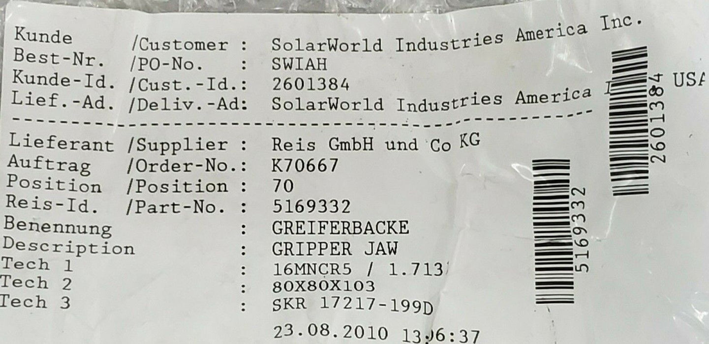 NEW REIS ROBOTICS USA IDENT. NO: 5169332 GRIPPER JAW 16MNCR5 / 1.7131