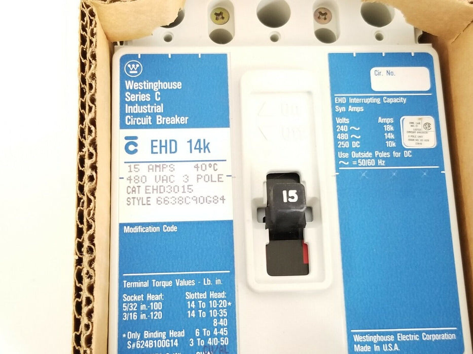 NIB WESTINGHOUSE EHD3015 CIRCUIT BREAKER 15A 480VAC 3P W/ 624B100G14 KIT