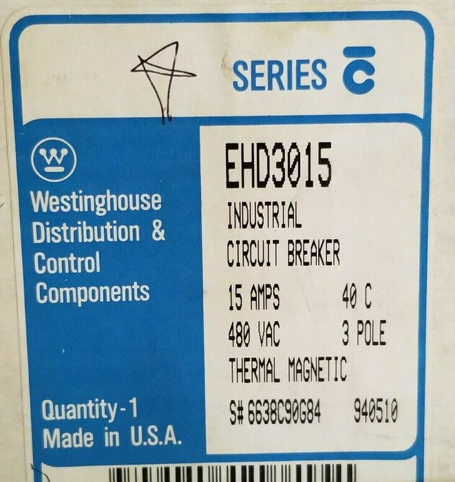 NIB WESTINGHOUSE EHD3015 CIRCUIT BREAKER 15A 480VAC 3P W/ 624B100G14 KIT