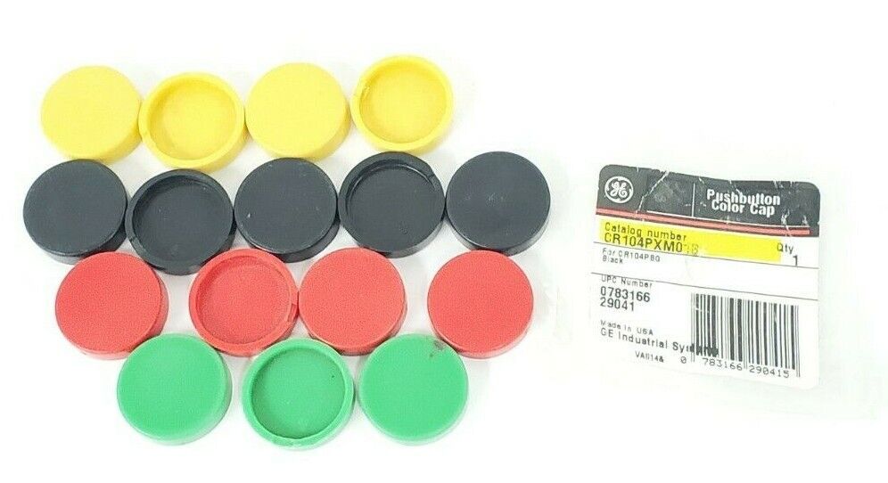 LOT OF 16 GENERAL ELECTRIC CR104PXM01 PUSHBUTTON CAPS RED, YELLOW, GREEN, BLACK