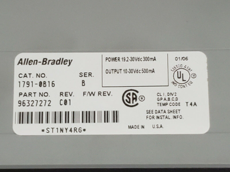 ALLEN BRADLEY 1791-0B16 I/O BLOCK 17910B16 SER. B REV. C01, 24VDC, P/N: 96327272