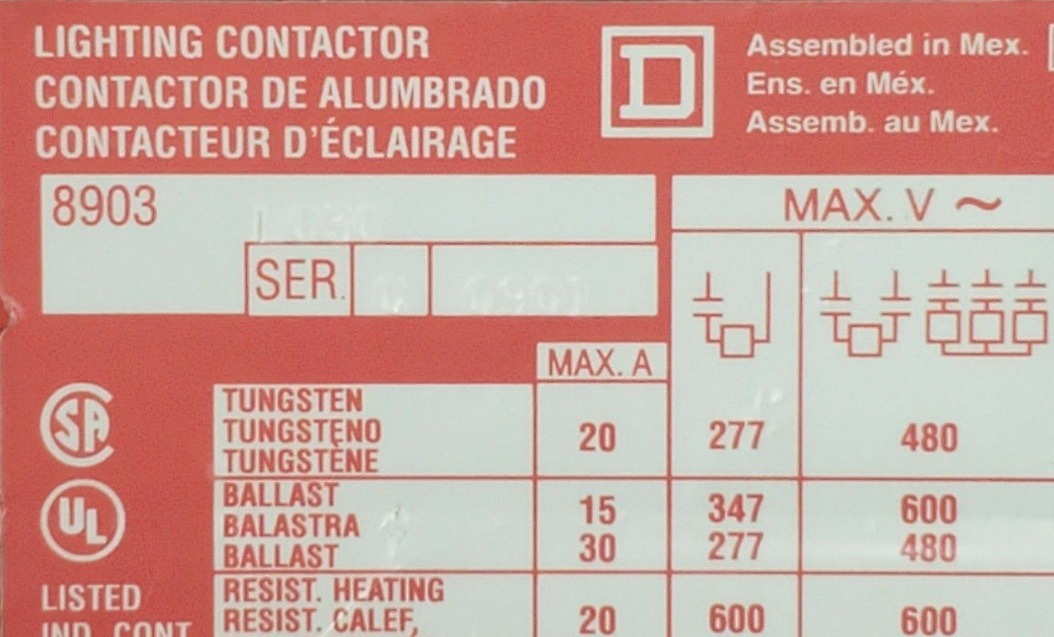 SQUARE D 8903-LO30 SER. C LIGHTING CONTACTOR ASSEMBLY 8903LO30