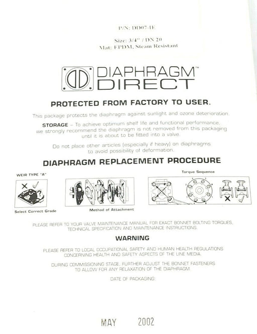 NEW DIAPHRAGM DIRECT P/N: DD07-IE SIZE: 3/4'' / DN 20 MAT: EPDM, STEAM RESISTANT