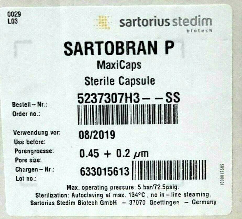 NIB SARTORIUS STEDIM SARTOBRAN P 5237307H3-SS PORE SIZE: 0.45 + 0.2UM MAXICAPS