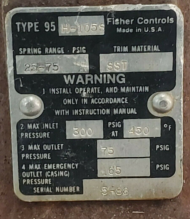 FISHER CONTROLS 95H-105S PRESSURE REGULATOR 95H105S SPRING RANGE: 25-75