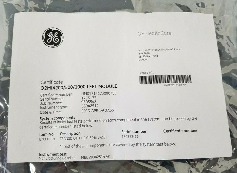 NIB GE HEALTHCARE O2MIX200/500/1000 LEFT O2 CONTROLLER 28422657 28-4116-57