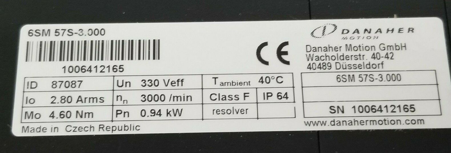 NIB DANAHER 6SM-57S-3.000 SERVO MOTOR 2.8AMP 3000/RPM 6SM57S3000 6SM-57S-3000