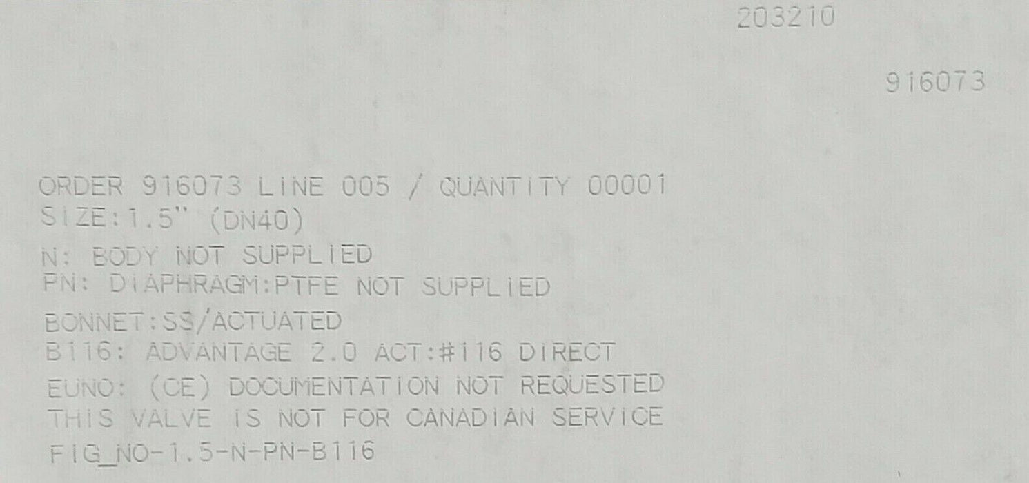 NIB ITT PUREFLO 1.5-N-PN-B116 ACTUATOR 1.5'' IN. 1.5NPNB116 DN40 SS