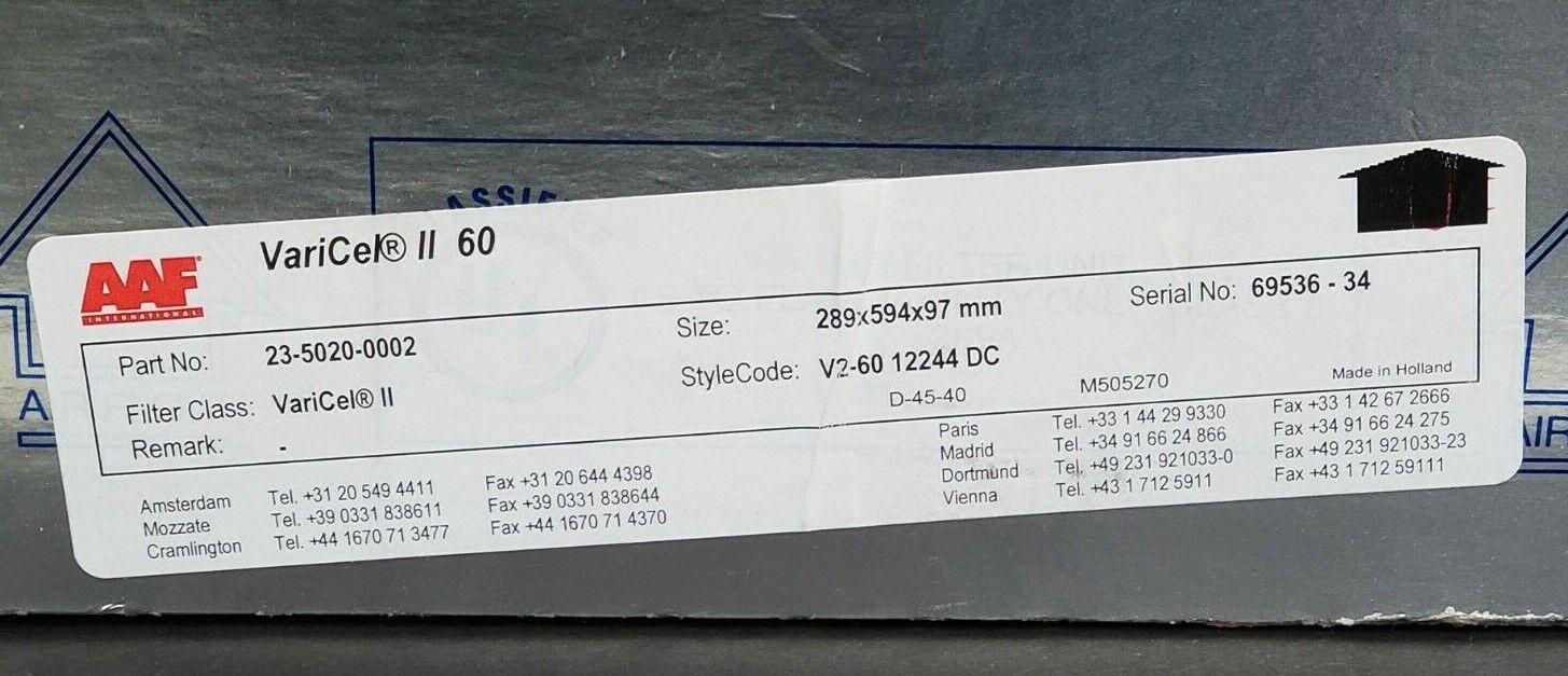 NEW AAF VARICEL II 60 AIR FILTER 289 X 594 X 97 MM, V2-60 12244 DC, 23-5020-0002