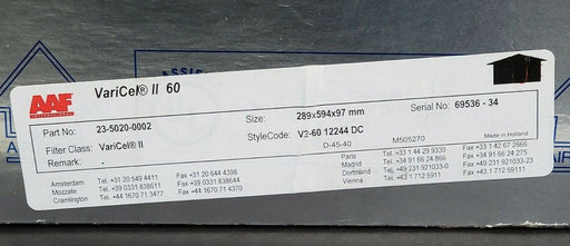 NEW AAF VARICEL II 60 AIR FILTER 289 X 594 X 97 MM, V2-60 12244 DC, 23-5020-0002