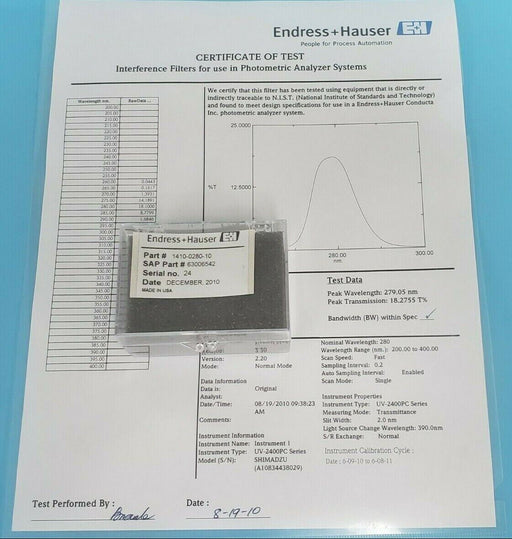 NEW ENDRESS + HAUSER 1410-0280-10 INTERFERENCE FILTER 63006542 REV. H 280BP10