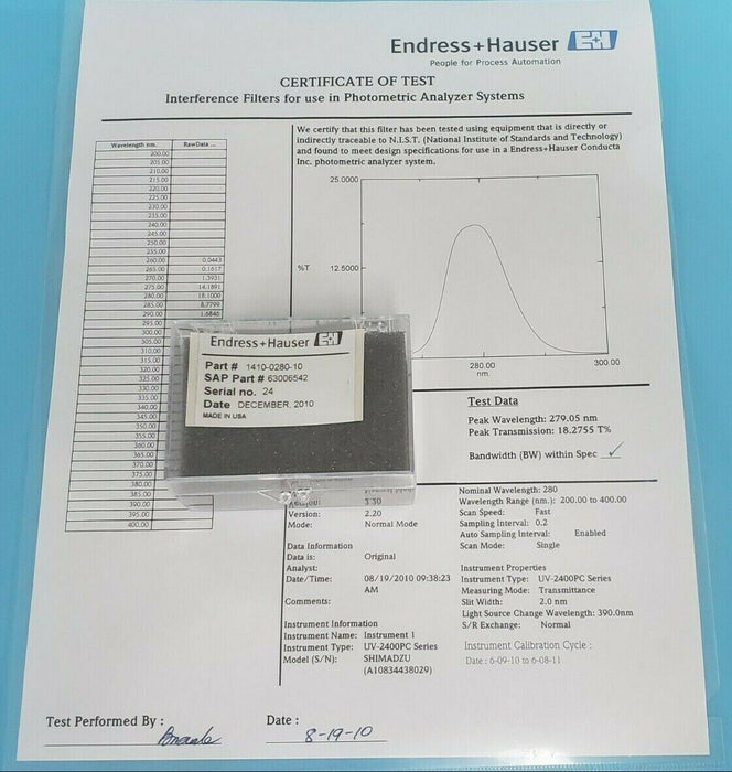 NEW ENDRESS + HAUSER 1410-0280-10 INTERFERENCE FILTER 63006542 REV. H 280BP10
