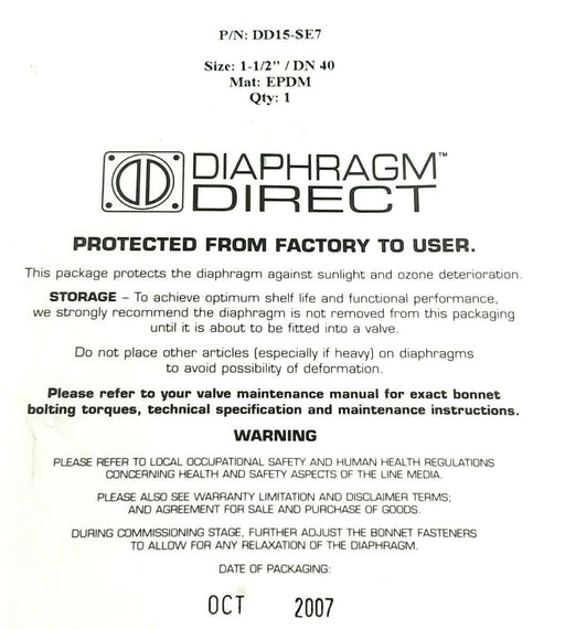 LOT OF 3 DIAPHRAGM DIRECT DD15-SE7 DIAPHRAGMS SIZE: 1-1/2'' / DN 40 MAT: EPDM