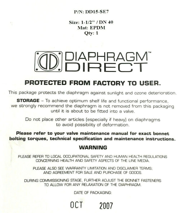 LOT OF 3 DIAPHRAGM DIRECT DD15-SE7 DIAPHRAGMS SIZE: 1-1/2'' / DN 40 MAT: EPDM