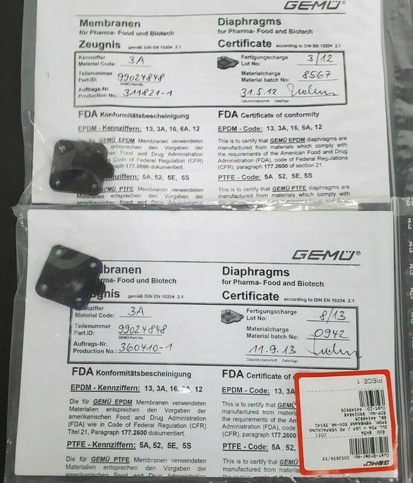 LOT OF 2 NEW GEMU EDV-NR. 39541 600-8M3A DIAPHRAGMS EBL 44549926 CD35 99024848