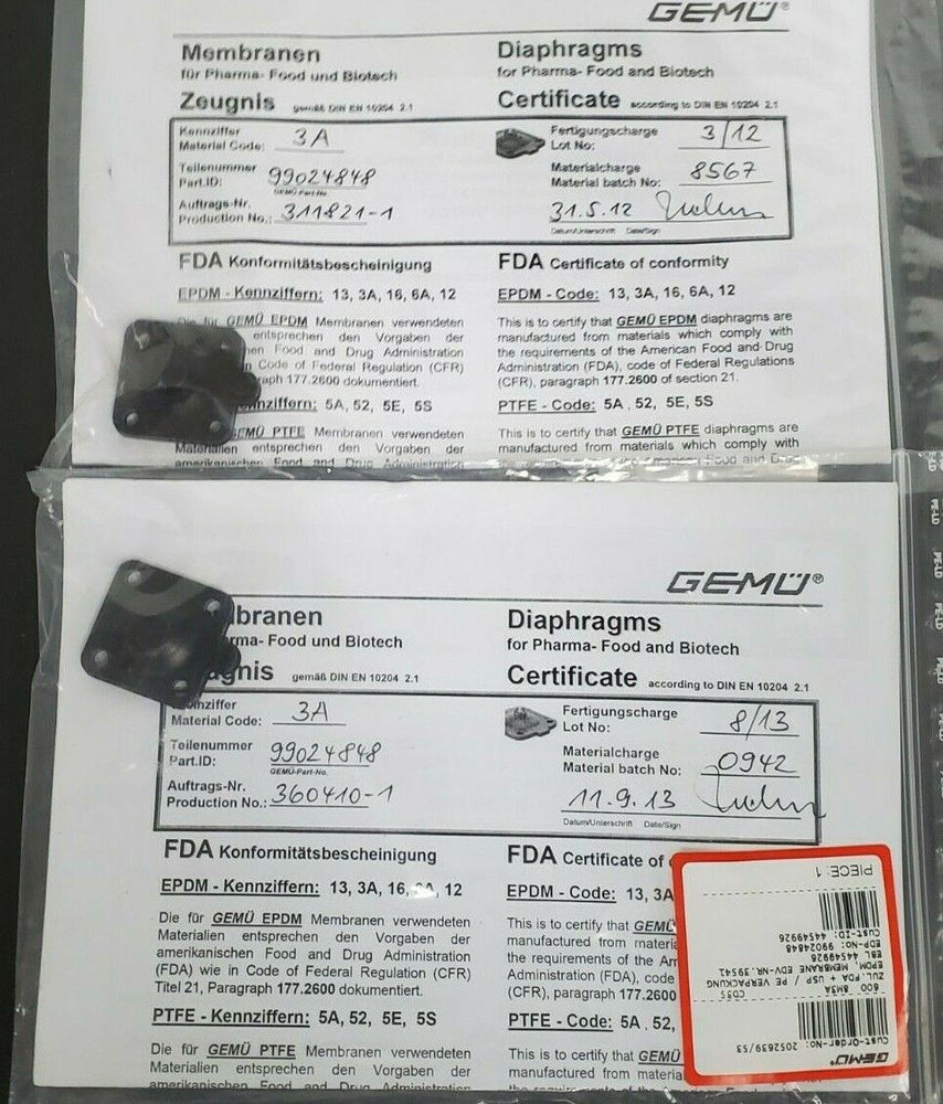 LOT OF 2 NEW GEMU EDV-NR. 39541 600-8M3A DIAPHRAGMS EBL 44549926 CD35 99024848