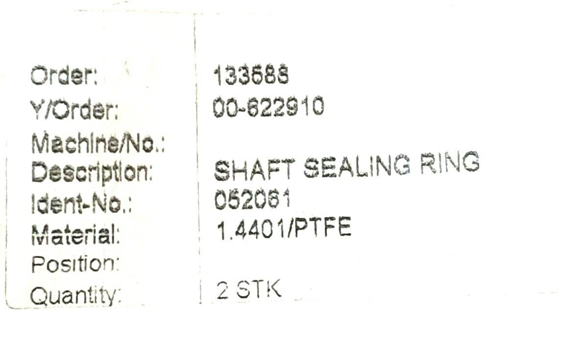 LOT OF 2 NEW GENERIC IDENT-NO. 052061 MATERIAL: 1.4401/PTFE SHAFT SEALING RINGS