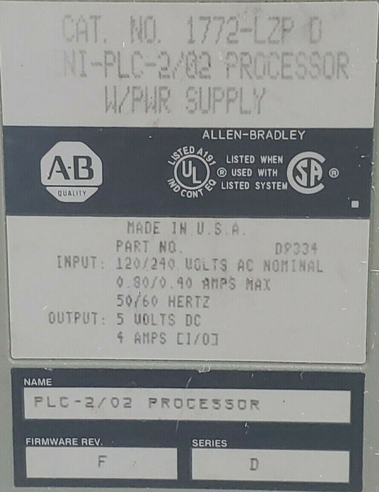 ALLEN BRADLEY 1772-LZP SER. D PROCESSOR W/ PWR SUPPLY 1772LZP