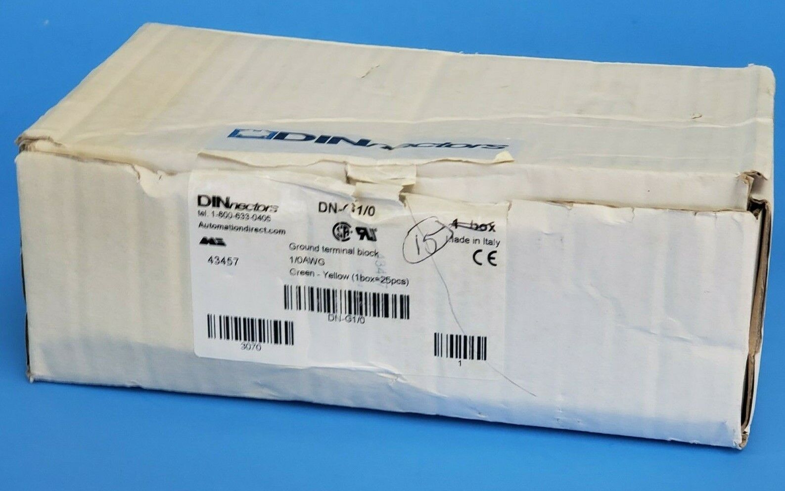 BOX OF 15 NEW AUTOMATION DIRECT DN-G1/0 TERMINAL BLOCKS GREEN-YELLOW 1/0AWG