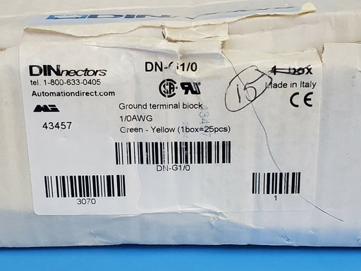BOX OF 15 NEW AUTOMATION DIRECT DN-G1/0 TERMINAL BLOCKS GREEN-YELLOW 1/0AWG