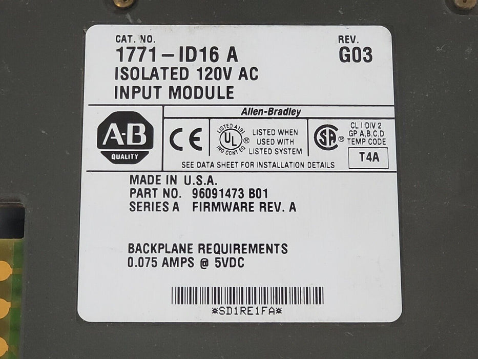 ALLEN BRADLEY 1771-ID16 SER. A REV. G03 INPUT MODULE P/N 96091473 B01 F/W REV. A