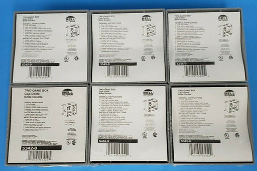 LOT OF 6 NEW BELL OUTDOOR 5345-0 TWO-GANG BOXES 53450,  3/4 IN. OUTLETS - GRAY