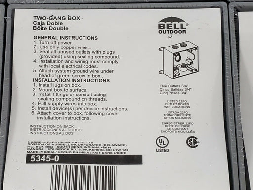 LOT OF 6 NEW BELL OUTDOOR 5345-0 TWO-GANG BOXES 53450,  3/4 IN. OUTLETS - GRAY