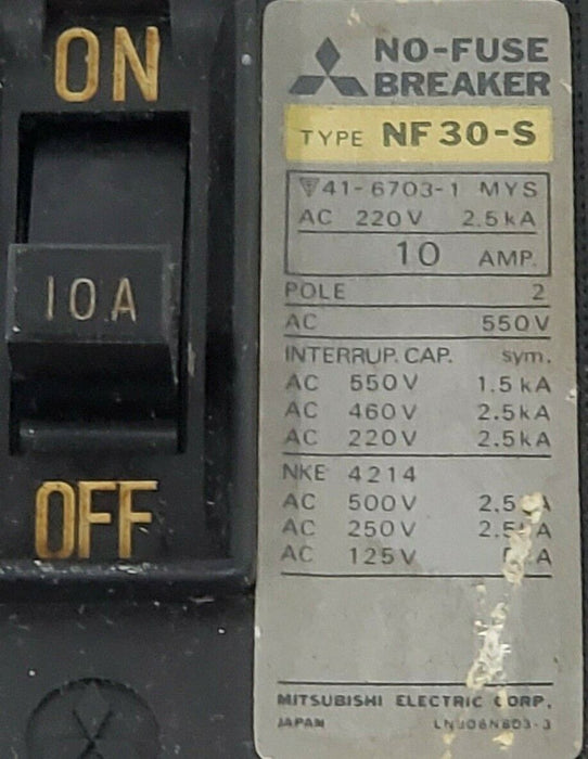 MITSUBISHI ELECTRIC NF30-S NO-FUSE CIRCUIT BREAKER 2-POLE 10AMP, NF30S