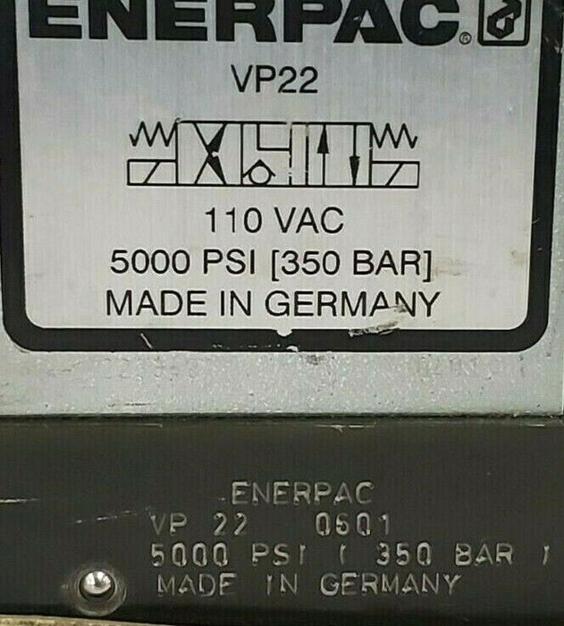 NEW ENERPAC VP22 SOLENOID VALVE 110 VAC, 5000 PSI (350 BAR) VP-22-0501