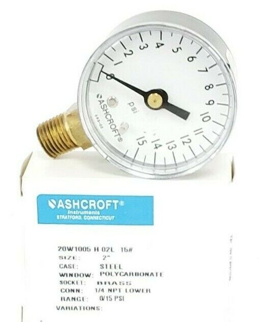 NIB ASHCROFT 20W-1005-H-02L-15 PRESSURE GAUGE 0-15PSI 2'' IN. 1/4 NPT LOWER