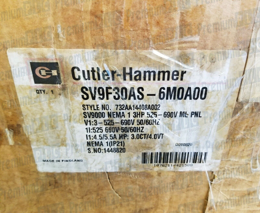 NEW CUTLER-HAMMER SV9F30AS-6M0A00 SV9000 ADJ. FREQUENCY DRIVE 3HP NEMA 1 575V