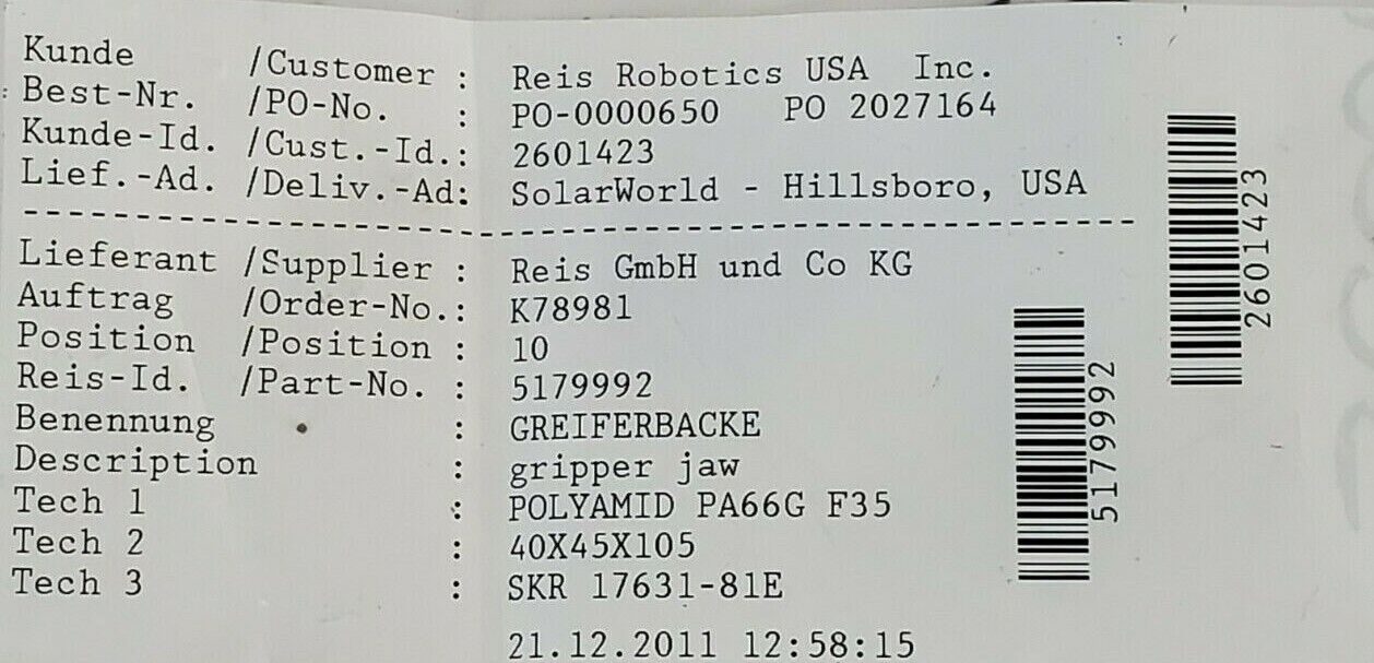 LOT OF 2 NEW REIS ROBOTICS 5179992 GRIPPER JAWS K78981 2601423