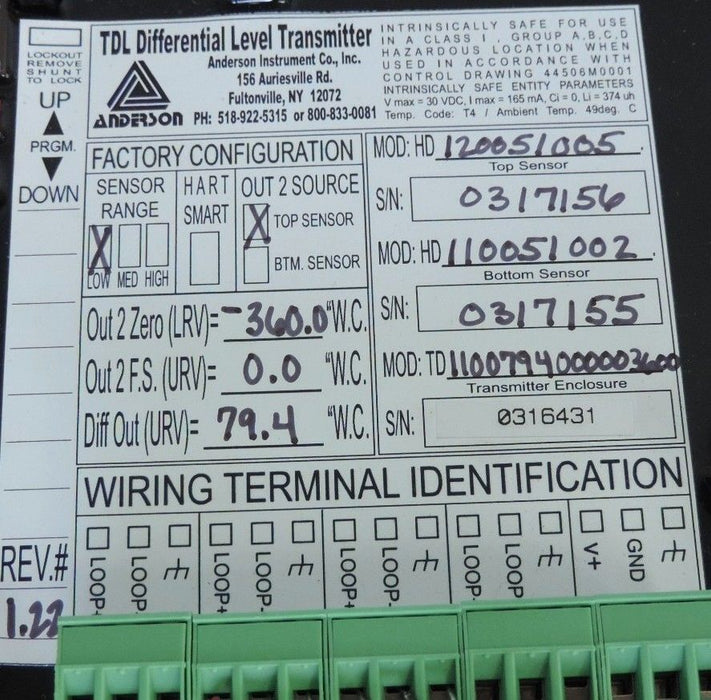 ANDERSON INSTRUMENT TD110079000003600 DIFFERENTIAL LEVEL TRANSMITTER W/SENSORS